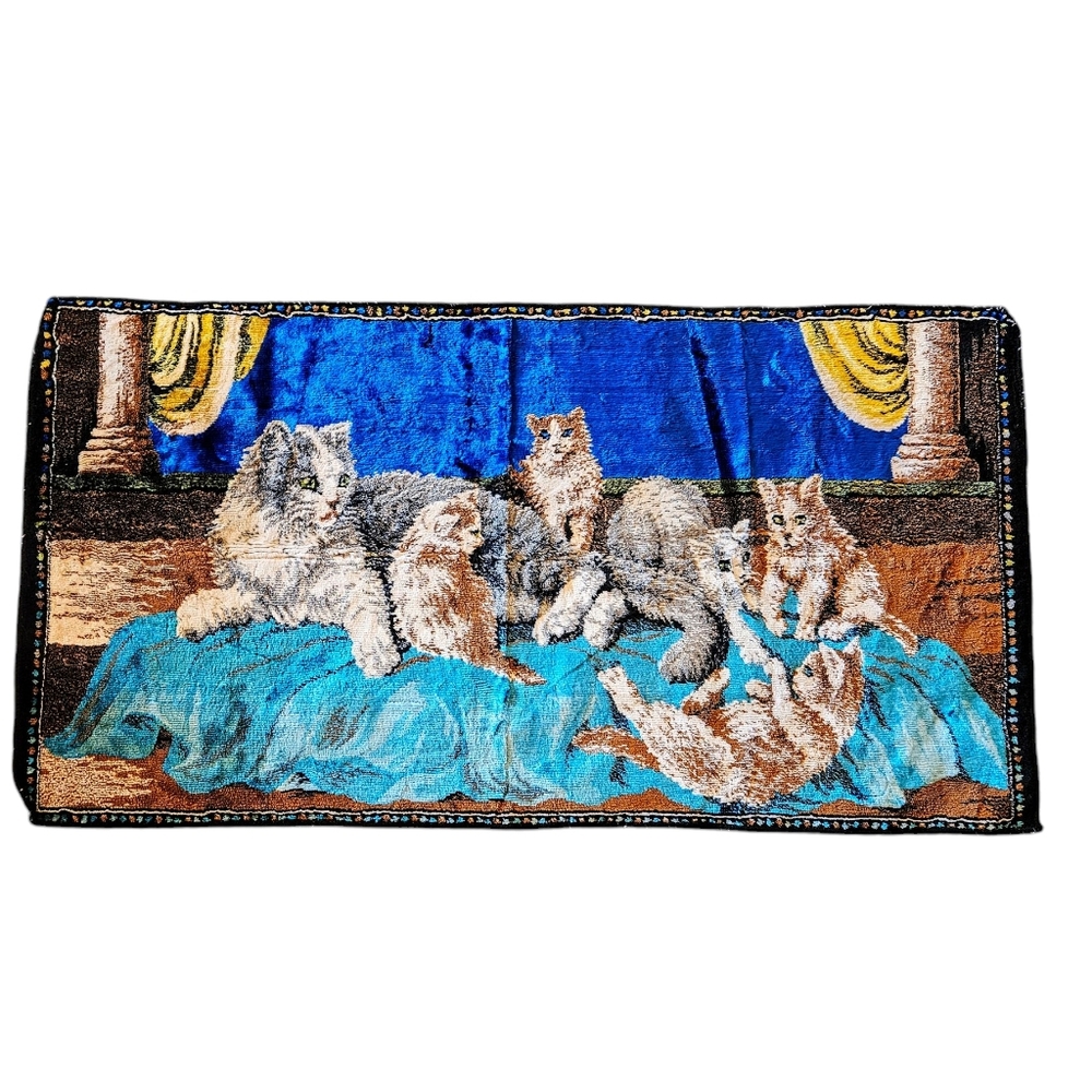 Vintage 70s Tapestery Cat Family Velvet Turkish Wall Carpet 38x20 in